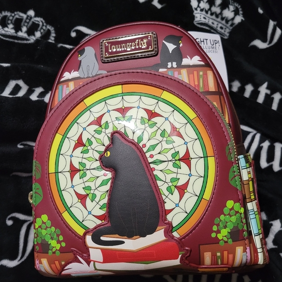 Loungefly Light Up Stained Glass Black Cat Library Bam Exclusive Mini Backpack - Picture 2 of 7